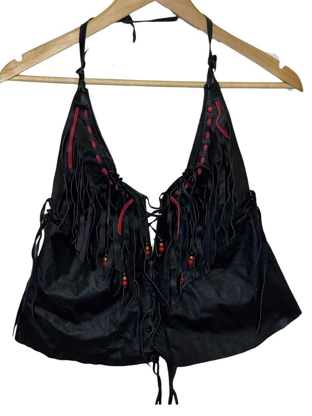 Handcrafted Black Leather Halter Top Fringe Beads